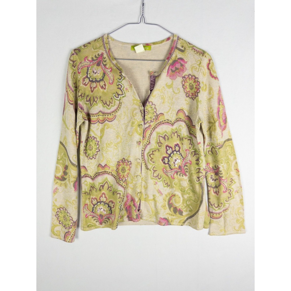 Sigrid Olsen Womens S Cardigan Beaded Paisley Floral Print Button Front Sweater